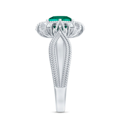 Lab Grown Emerald Vintage Style Flower Engagement Ring With Diamond