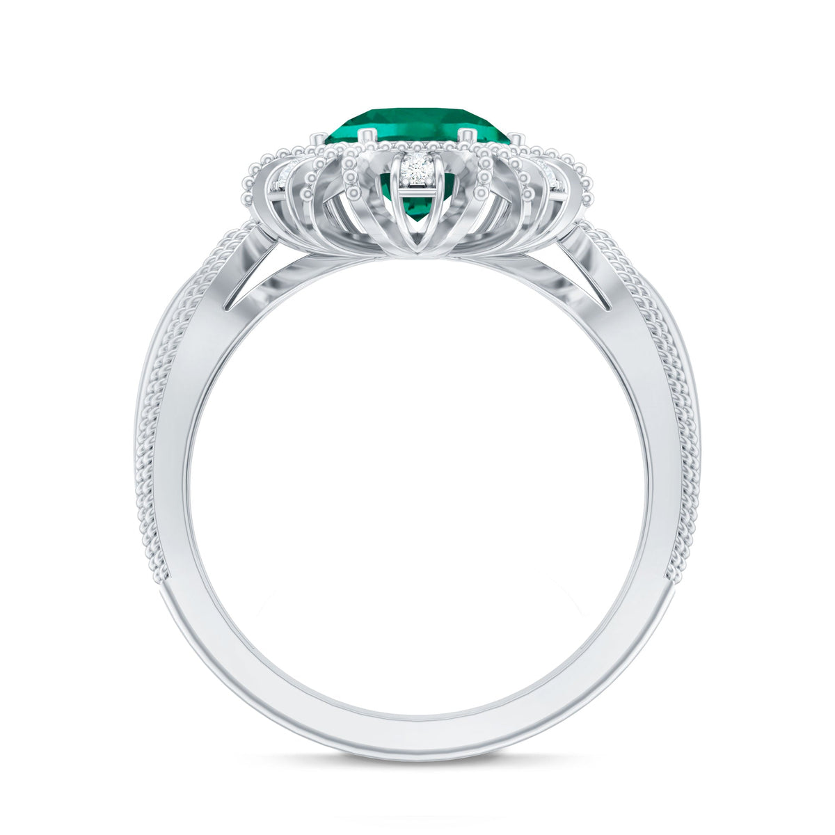 Lab Grown Emerald Vintage Style Flower Engagement Ring With Diamond