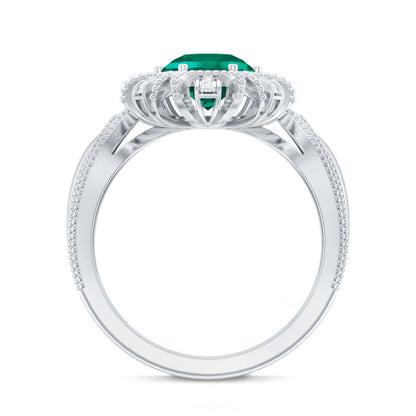Lab Grown Emerald Vintage Style Flower Engagement Ring With Diamond
