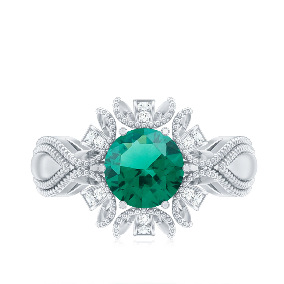 Lab Grown Emerald Vintage Style Flower Engagement Ring With Diamond