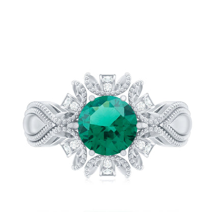 Lab Grown Emerald Vintage Style Flower Engagement Ring With Diamond