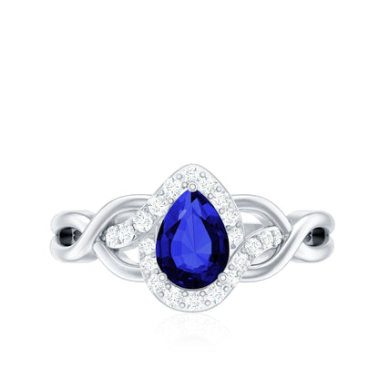 Certified 1.6 Carat Lab Grown Blue Sapphire Diamond Teardrop Engagement Ring with Crossover Shank