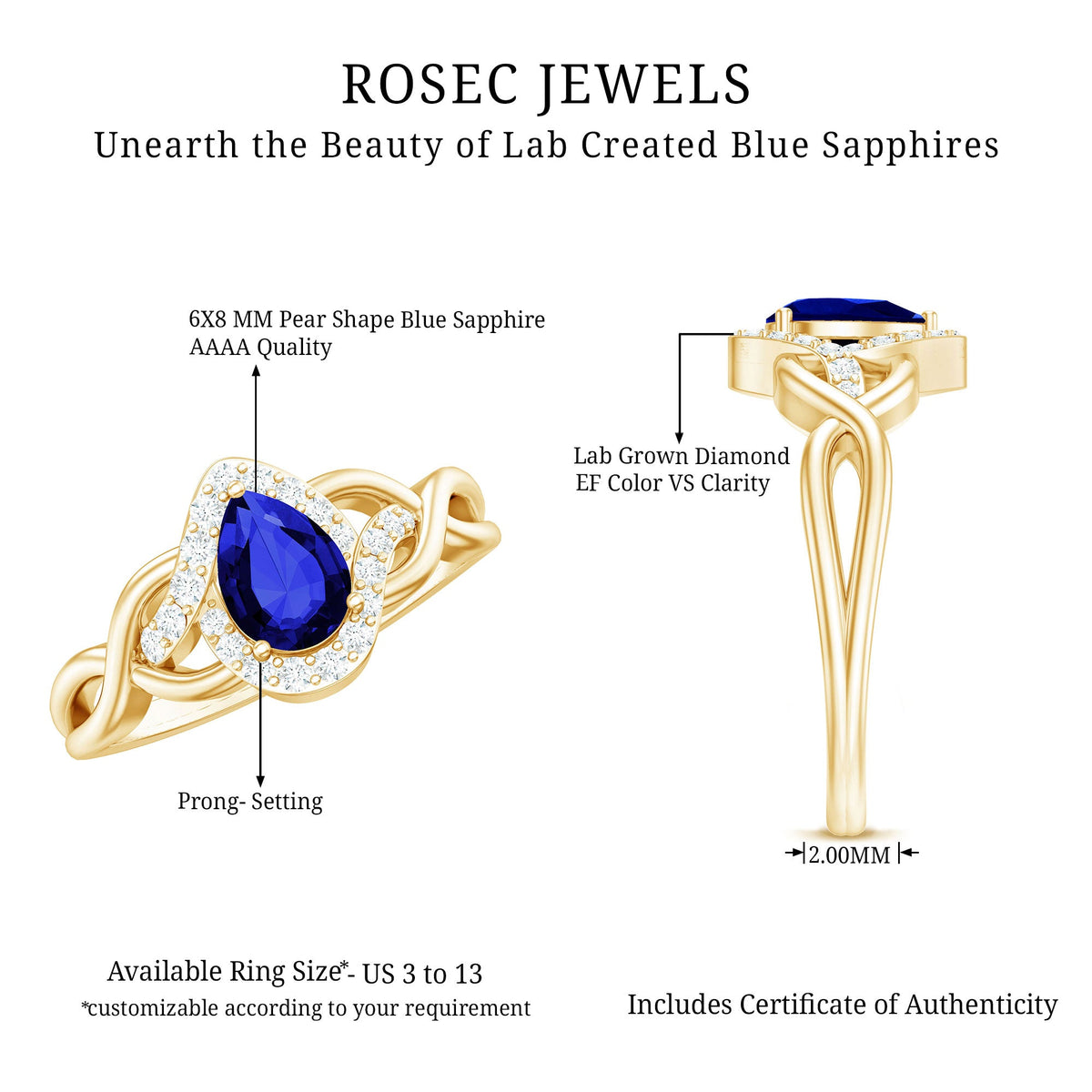 Certified 1.6 Carat Lab Grown Blue Sapphire Diamond Teardrop Engagement Ring with Crossover Shank