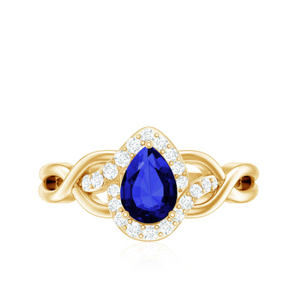 Certified 1.6 Carat Lab Grown Blue Sapphire Diamond Teardrop Engagement Ring with Crossover Shank