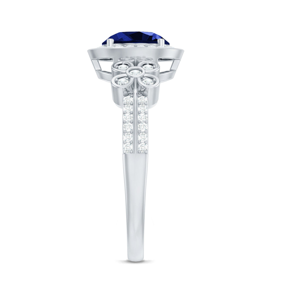 Certified 2.7 Carat Lab Grown Blue Sapphire Halo Engagement Ring with Diamond Flower