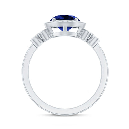 Certified 2.7 Carat Lab Grown Blue Sapphire Halo Engagement Ring with Diamond Flower
