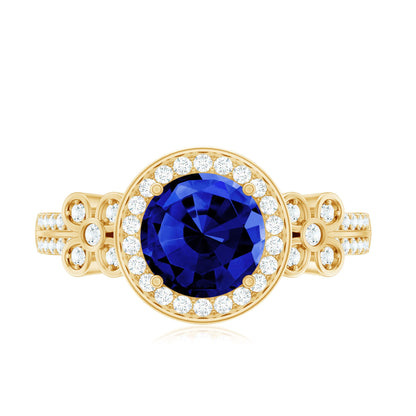 Certified 2.7 Carat Lab Grown Blue Sapphire Halo Engagement Ring with Diamond Flower