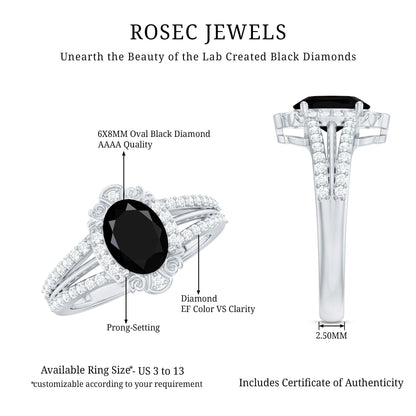 Vintage Style 1.9 Carat Lab Grown Black Diamond Oval Engagement Ring with Diamond Halo