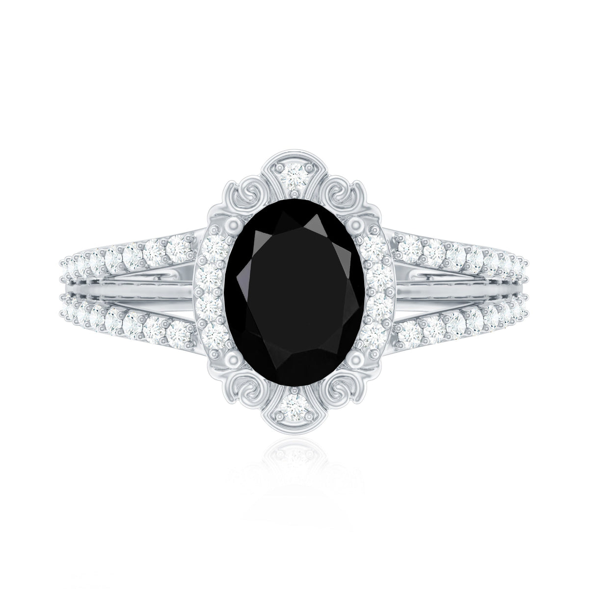 Vintage Style 1.9 Carat Lab Grown Black Diamond Oval Engagement Ring with Diamond Halo