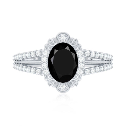 Vintage Style 1.9 Carat Lab Grown Black Diamond Oval Engagement Ring with Diamond Halo
