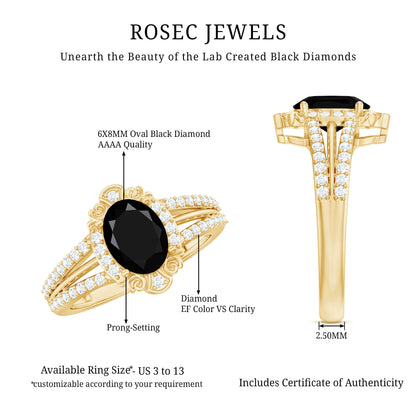 Vintage Style 1.9 Carat Lab Grown Black Diamond Oval Engagement Ring with Diamond Halo