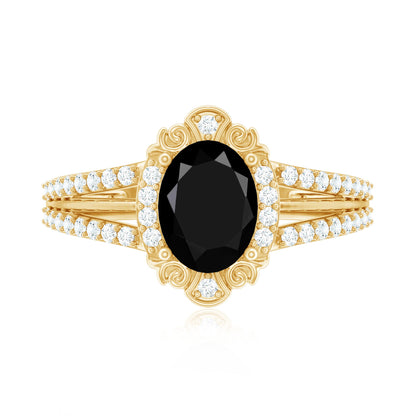 Vintage Style 1.9 Carat Lab Grown Black Diamond Oval Engagement Ring with Diamond Halo