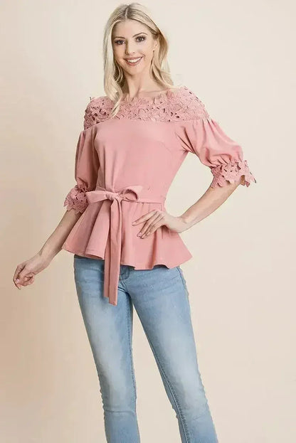 Lace Crochet Self Belted Off The Shoulder Tops with Back Zipper