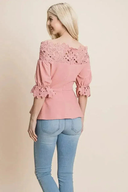 Lace Crochet Self Belted Off The Shoulder Tops with Back Zipper