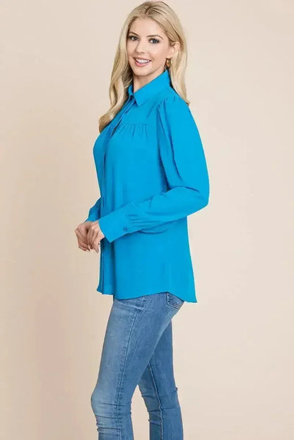 Collared Long Sleeve Pleated Detail Blouse Tops | Femstylo