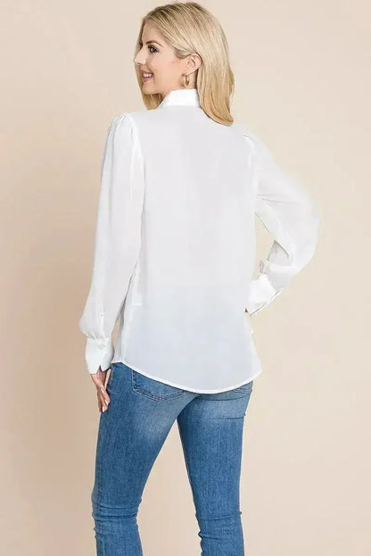 Collared Long Sleeve Pleated Detail Blouse Tops | Femstylo
