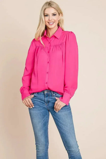 Collared Long Sleeve Pleated Detail Blouse Tops | Femstylo
