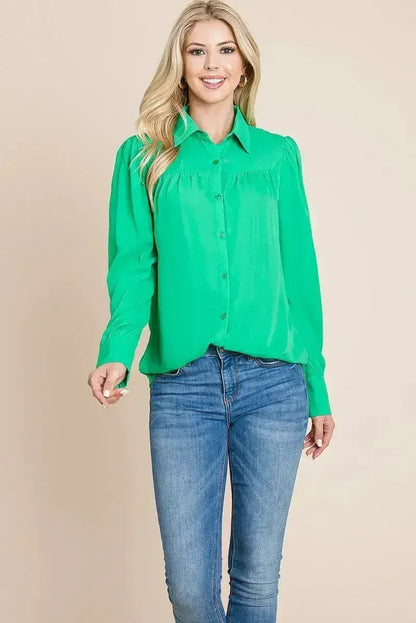 Collared Long Sleeve Pleated Detail Blouse Tops | Femstylo