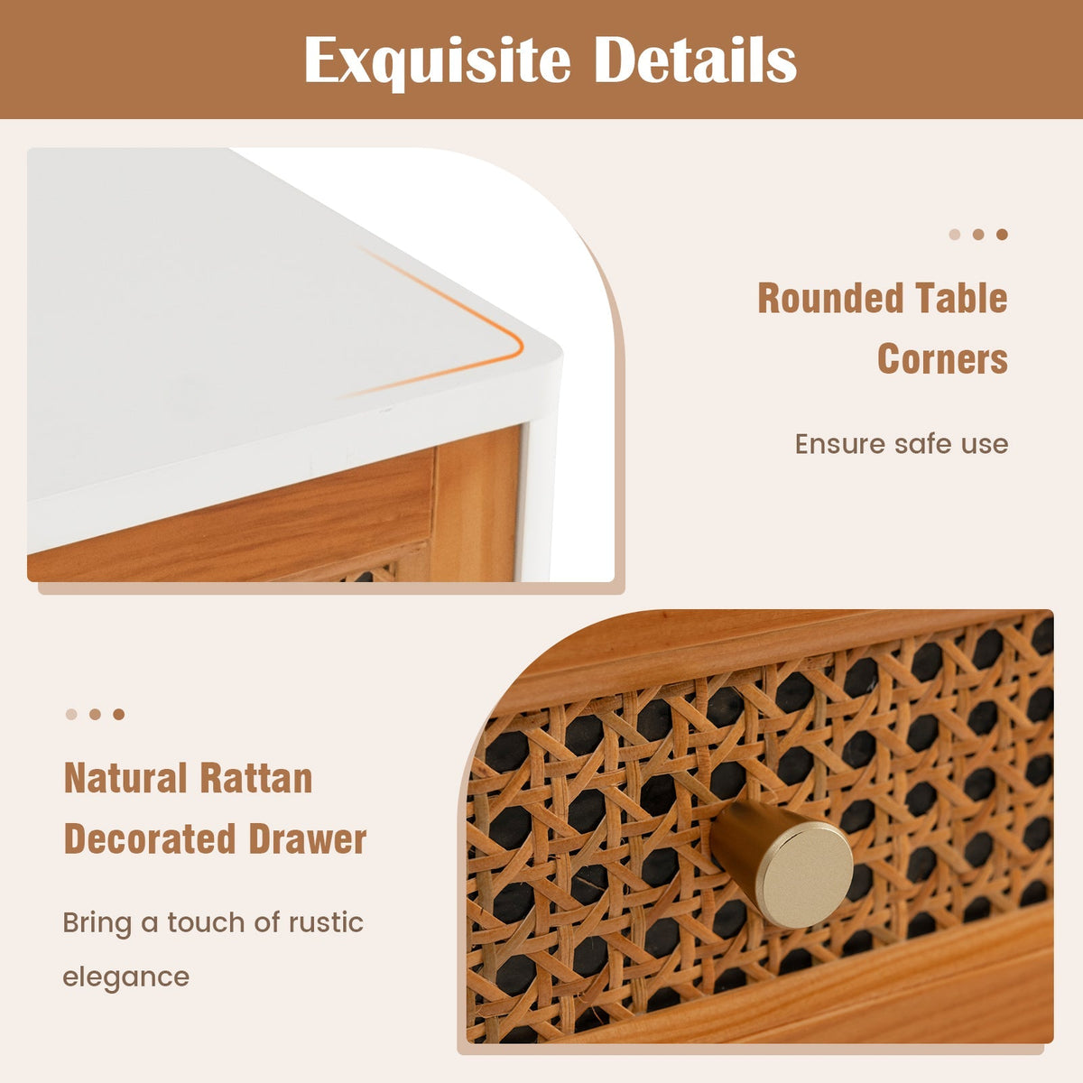 Rattan Nightstand Mid Century Modern Accent Table with Drawer-White