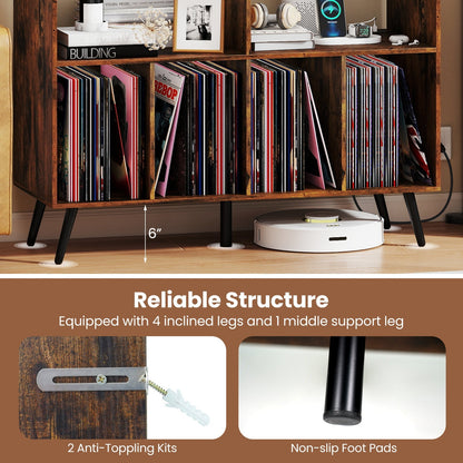 Record Player Stand with Charging Station and Open Shelves-Rustic Brown