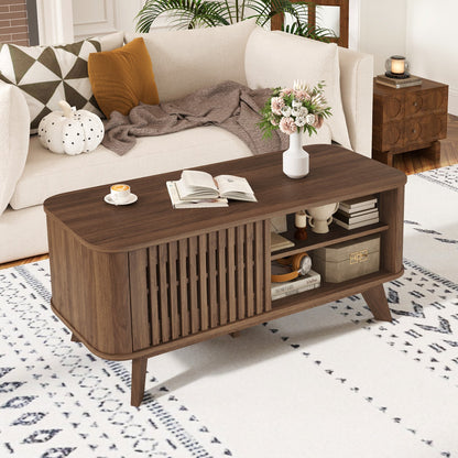 Rectangular Coffee Table with Storage and Adjustable Shelves-Walnut