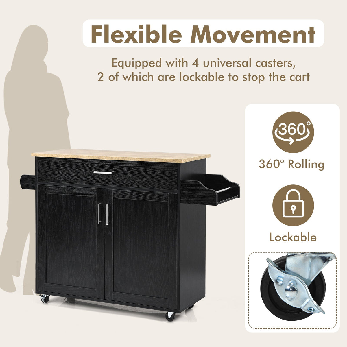 Rolling Kitchen Island Cart with Towel and Spice Rack