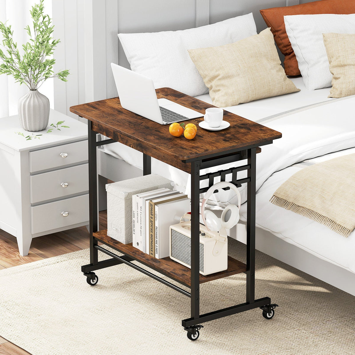 Rolling Laptop Table with Pull-out Keyboard Tray and Hooks