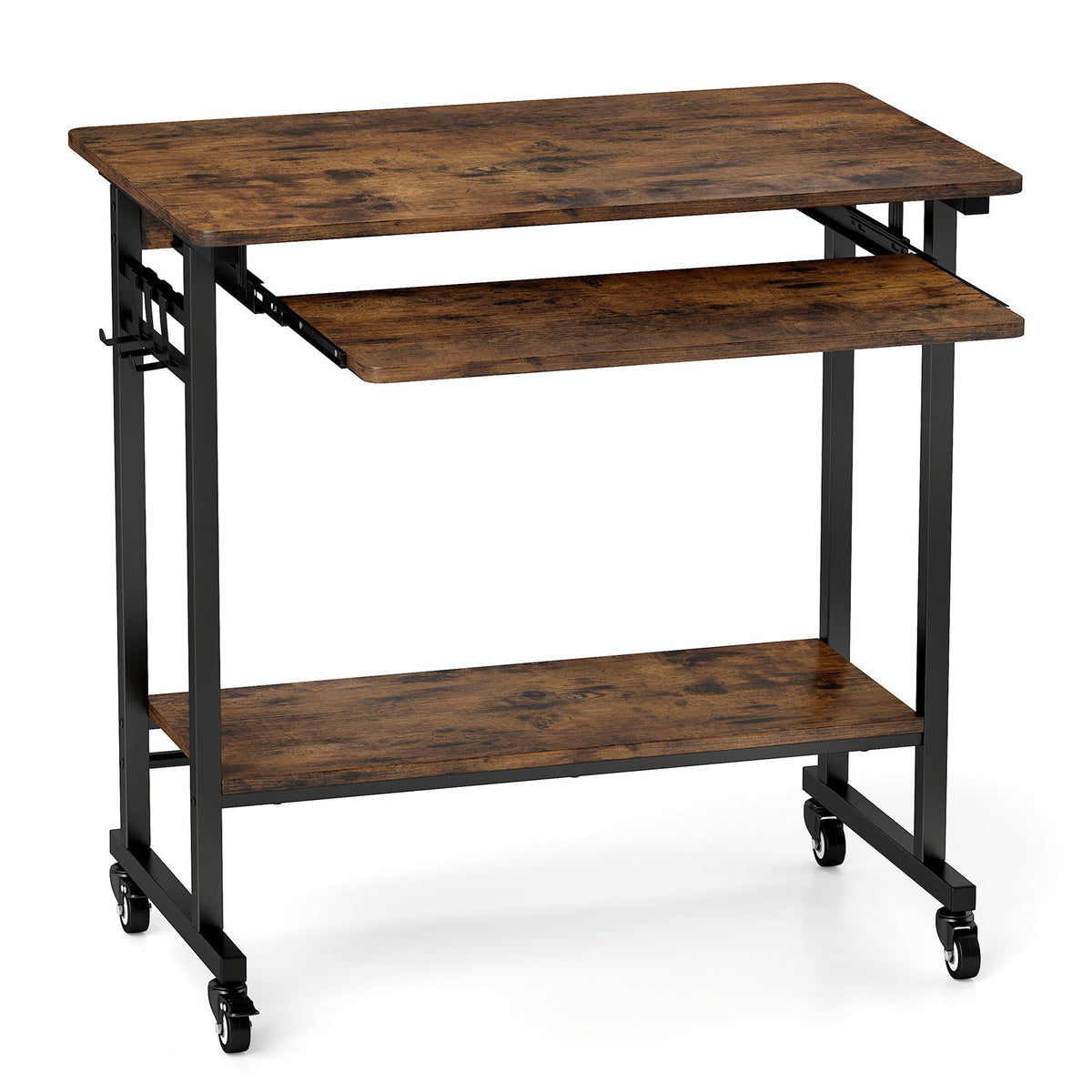 Rolling Laptop Table with Pull-out Keyboard Tray and Hooks