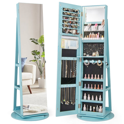 360° Rotating Mirrored Jewelry Cabinet Armoire 3 Color LED Modes Lockable