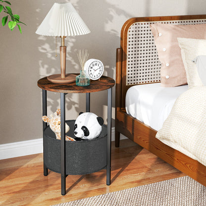 Round End Table 2-Tier Side Table with Removable Fabric Basket and Metal Frame