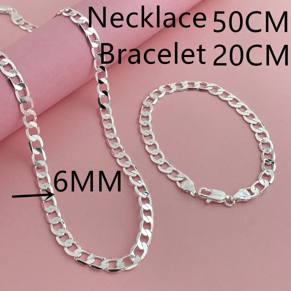 925 Sterling Silver 6mm Cuban Link Necklace and Bracelet Set | Unisex Classic Jewelry