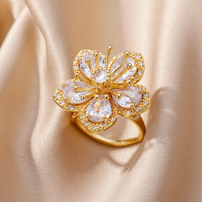 Pink Zircon Flower Rings for Women Gold Color Stainless Steel Ring 2025 Trend Elegant Floral Luxury Aesthetic Jewelry anillos