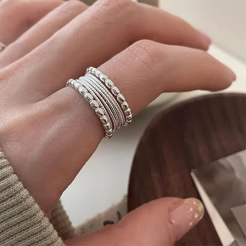 VENTFILLE 925 Sterling Silver Geometric Multilayer Round Bead Ring | Fashion Punk Temperament Jewelry