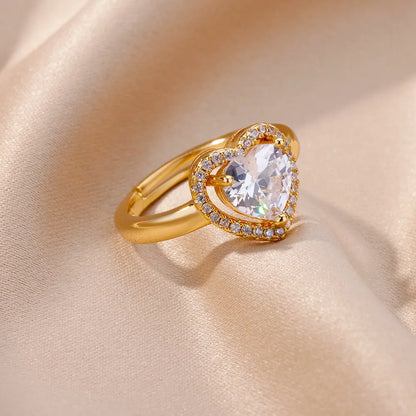 Stainless Steel Heart Rings For Women Zircon Gold Color Heart Adjustable Ring Femme Wedding Party Accessories Jewelry Gift 2024