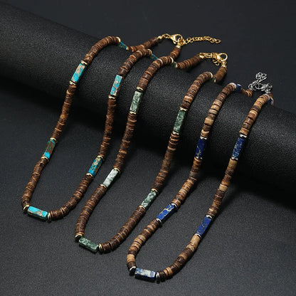 Vintage Boho Natural Stone Necklace for Couples | Brown Coconut Shell Bead Choker