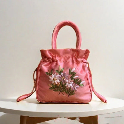 Small Embroidered Flower Bucket Bag | Women's Top Handle Drawstring Purse