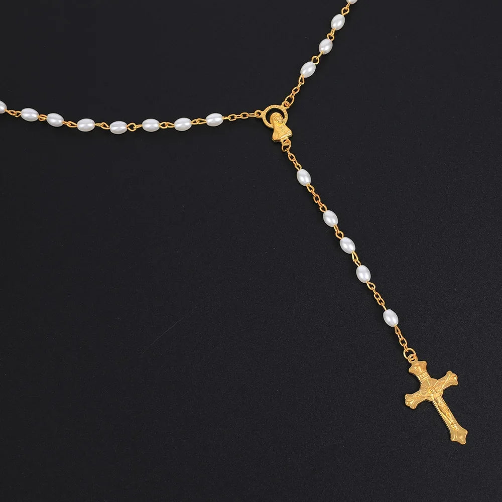 White Oval Pearl Rosary Necklace For Women Catholic Religious Crucifix Cross Pendant Gold Silver Color Chain Men Prayer Jewelry