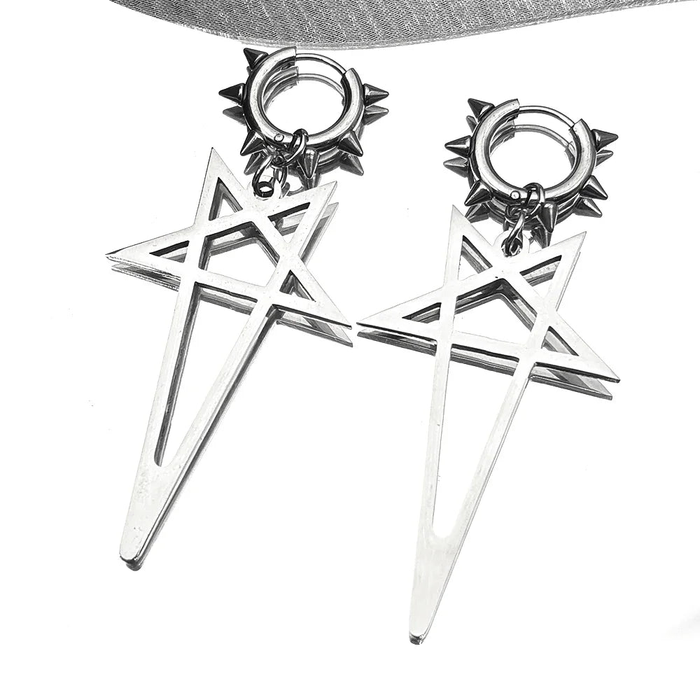 Pentagram Spike Rivet Hoop Earrings | Stainless Steel Gothic Punk Jewelry