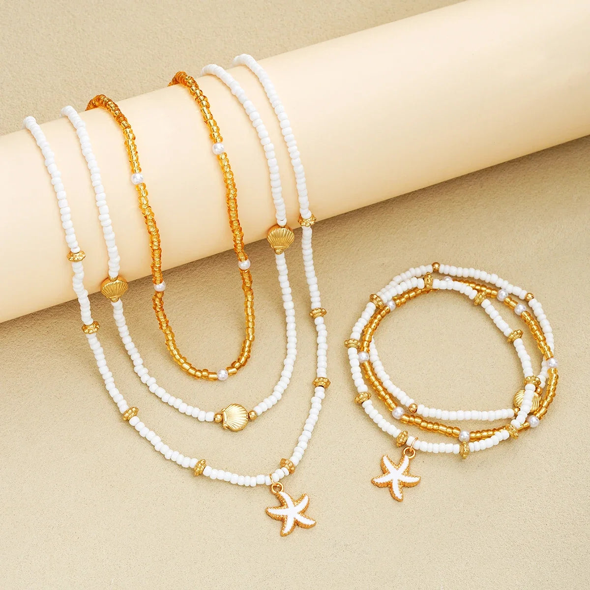 6Pcs/Set Rice Beaded Shell Starfish Pendant Necklace Bracelets Bohemian Elegant Gold White Color Jewelry Set Holiday Accessories