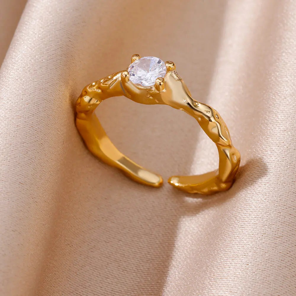Stainless Steel Rings For Women Gold Color Fashion Heart Zircon Opening Ring Female Finger Wedding Party Jewelry Gift