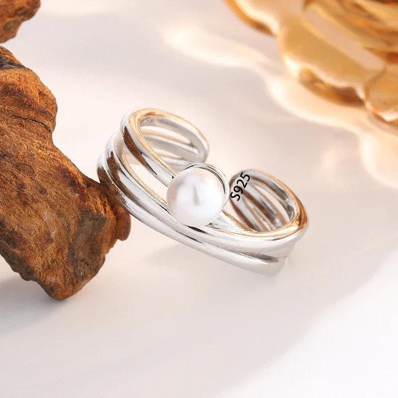 PANJBJ 925 Sterling Silver Pearl Irregular Ring | Women Shell Overlapping Hollow Sweet Design Jewelry