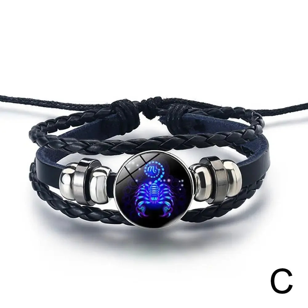 12 Constellation Gem Leather Bracelet Men Women Glass Bracele Couple Leather Multilayer Weave Birthday Gift Bangle Gem