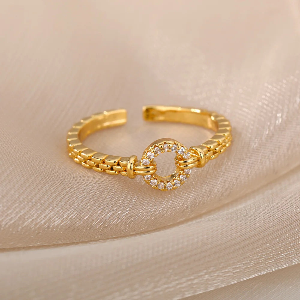 Zircon Heart Rings For Women Stainless Steel Gold Color Adjustable Open Finger Ring Wedding Aesthetic Jewelry Gift 2024
