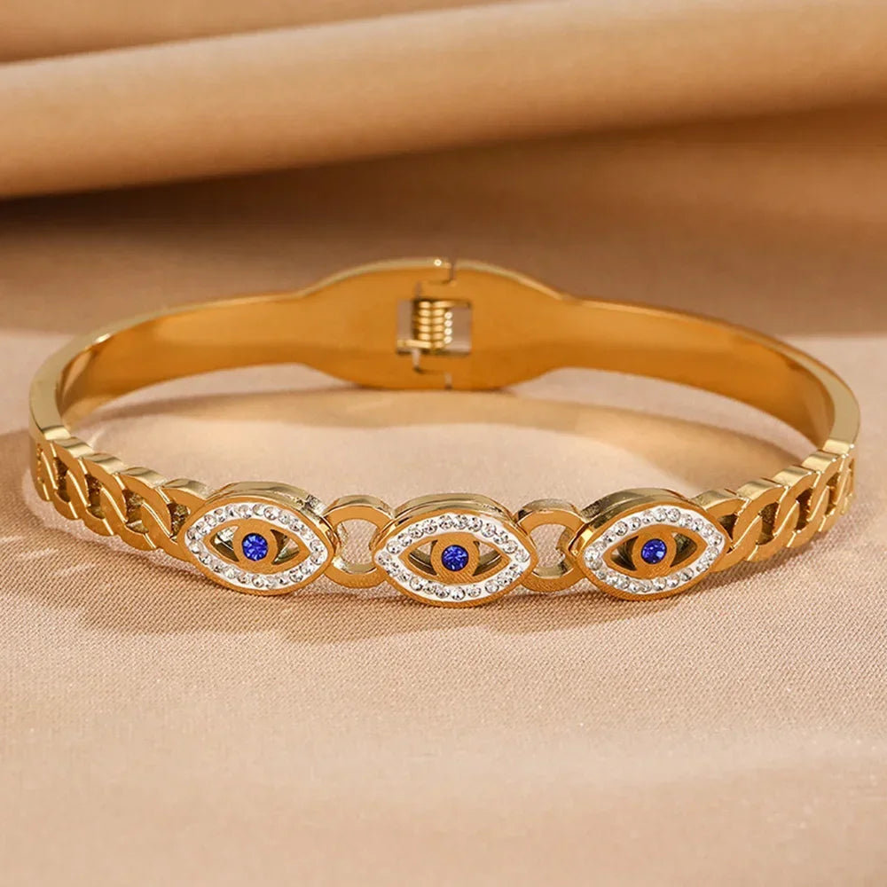 Fashion Stainless Steel Bracelet For Women Men Evil Eye Cuff Bangles Gold Plated Spring Buckle Lucky Amulet Jewelry Accessories