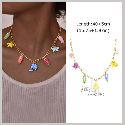 18k Gold Plated Pearl Shell Conch Starfish Summer Beach Necklace, Charms Necklace for Women,Stainless Steel Waterproof Jewelry
