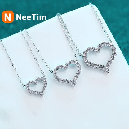 NeeTim D Color Moissanite Necklace Heart Pendant 925 Sterling Silver White Gold Plated Chain Fine Neck Chain for Women Wholesale