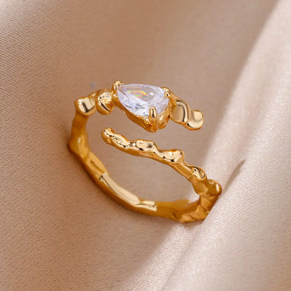 Stainless Steel Rings For Women Gold Color Fashion Heart Zircon Opening Ring Female Finger Wedding Party Jewelry Gift