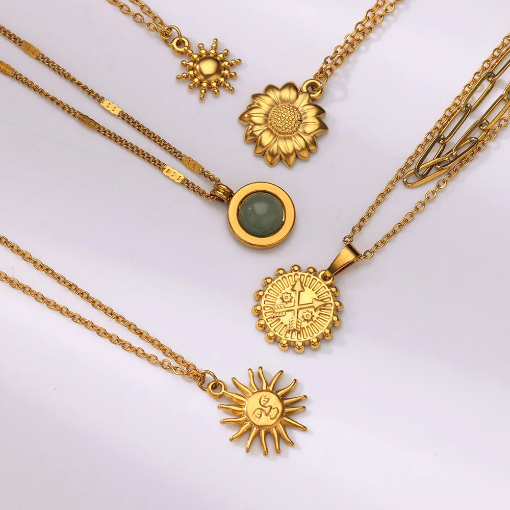 Stainless Steel Sun Sunflower Pendant Necklace For Women Gold Color Round Charm Clavicle Chain Necklaces Fashion Jewelry Gift