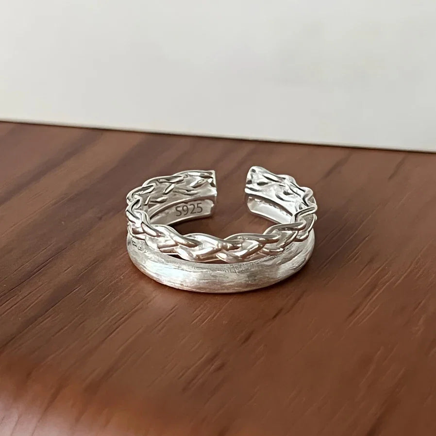 925 Sterling Silver Frosting Geometry Ring | Textured Wide Band for Women
