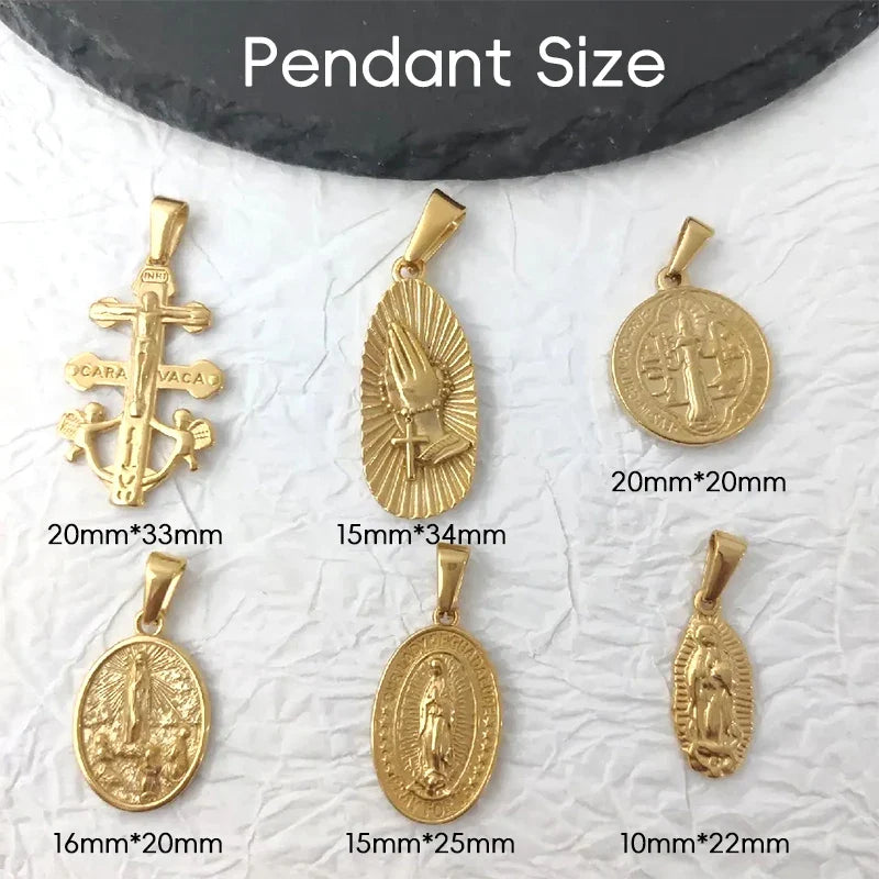 Virgin Mary Saint Michael Cross Prayer Pendant Necklace Gold Stainless Steel Religious Pendants Catholic Women/Men Jewelry